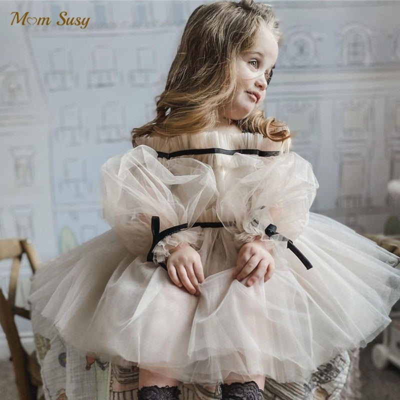 Baby Girl Princess Off Shoulder Tutu Dress Long Sleeve Vintage Tulle Party  dress