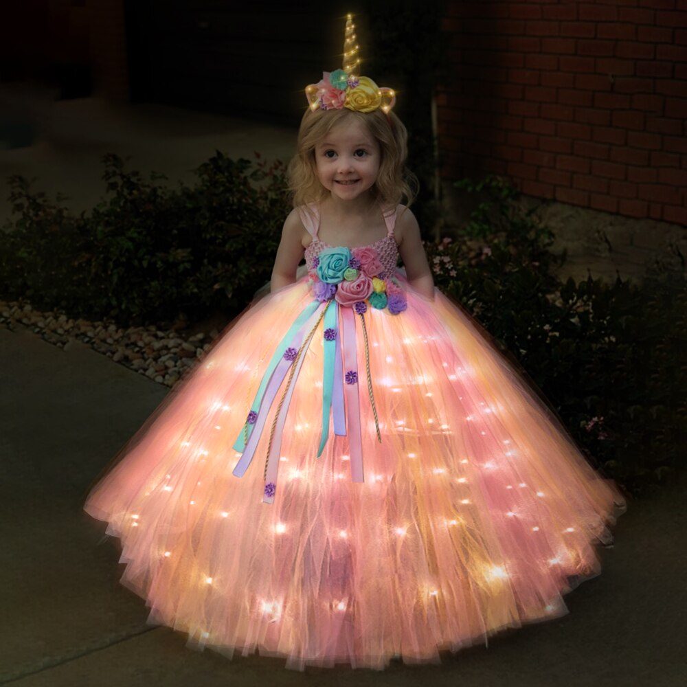 Unicorn Girls Children LED Light Up Dress Kids Birthday Party Princess Costume - Cute As A Button Boutique