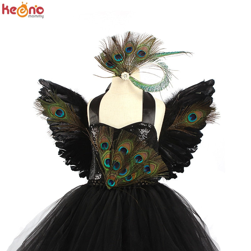 Fancy Peacock Feather Girl Tutu Dress with Wing Kids Deluxe Peacock Tutu Costume Halloween  Party - Cute As A Button Boutique