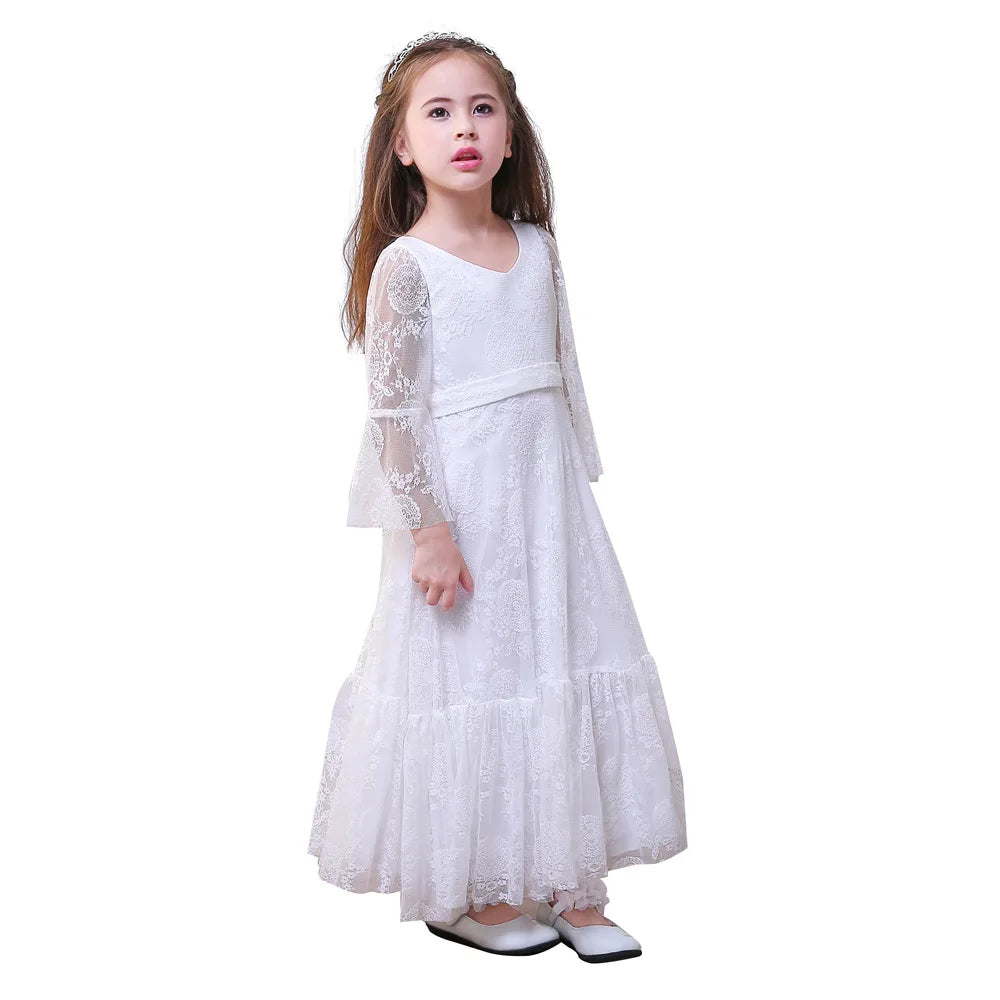 White bohemian girls dress Lace Girls Full Sleeve