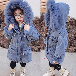 Baby Girls Coats Clothes 2023 Winter Denim Jackets With Fur Hooded Coats For Girls Children Jackets - Cute As A Button Boutique