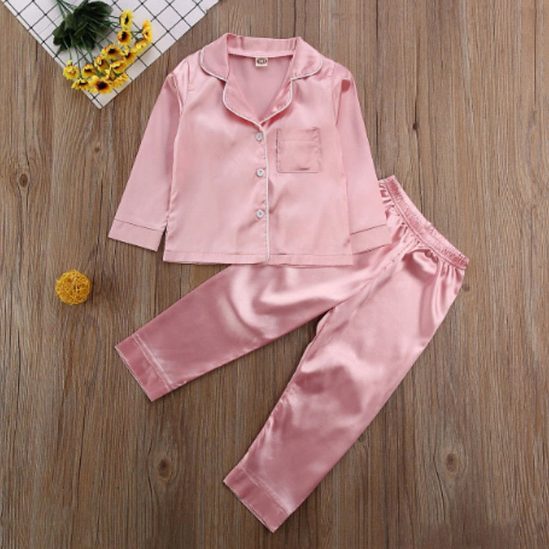 Silk Satin Top Pant 2pcs Infant Baby Girl Pajamas Long sleeve Pyjamas Satin Set  Nightgown Child Sleepwear - Cute As A Button Boutique