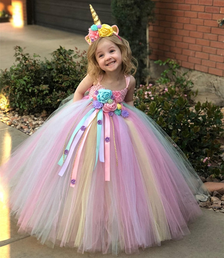 Unicorn Flower Tutu Dress Girls Pastel Ball Gown with Daisy Ribbons Children Party Costume Dress - Cute As A Button Boutique