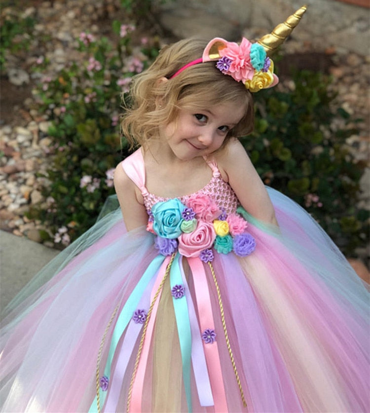 Unicorn Flower Tutu Dress Girls Pastel Ball Gown with Daisy Ribbons Children Party Costume Dress - Cute As A Button Boutique