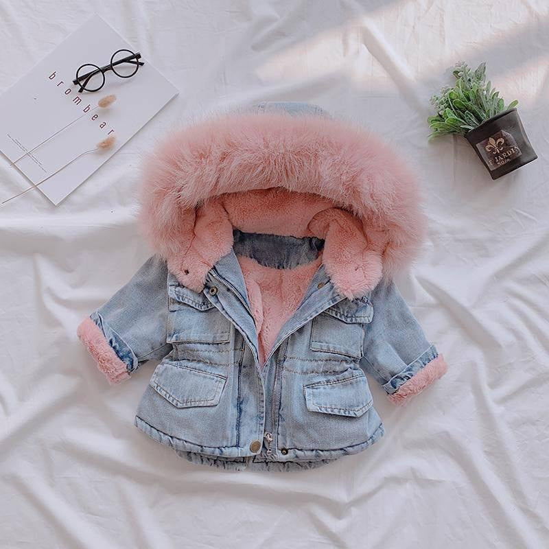 Baby Girls Coats Clothes 2023 Winter Denim Jackets With Fur Hooded Coats For Girls Children Jackets - Cute As A Button Boutique