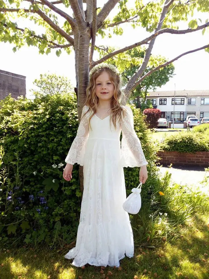 White bohemian girls dress Lace Girls Full Sleeve