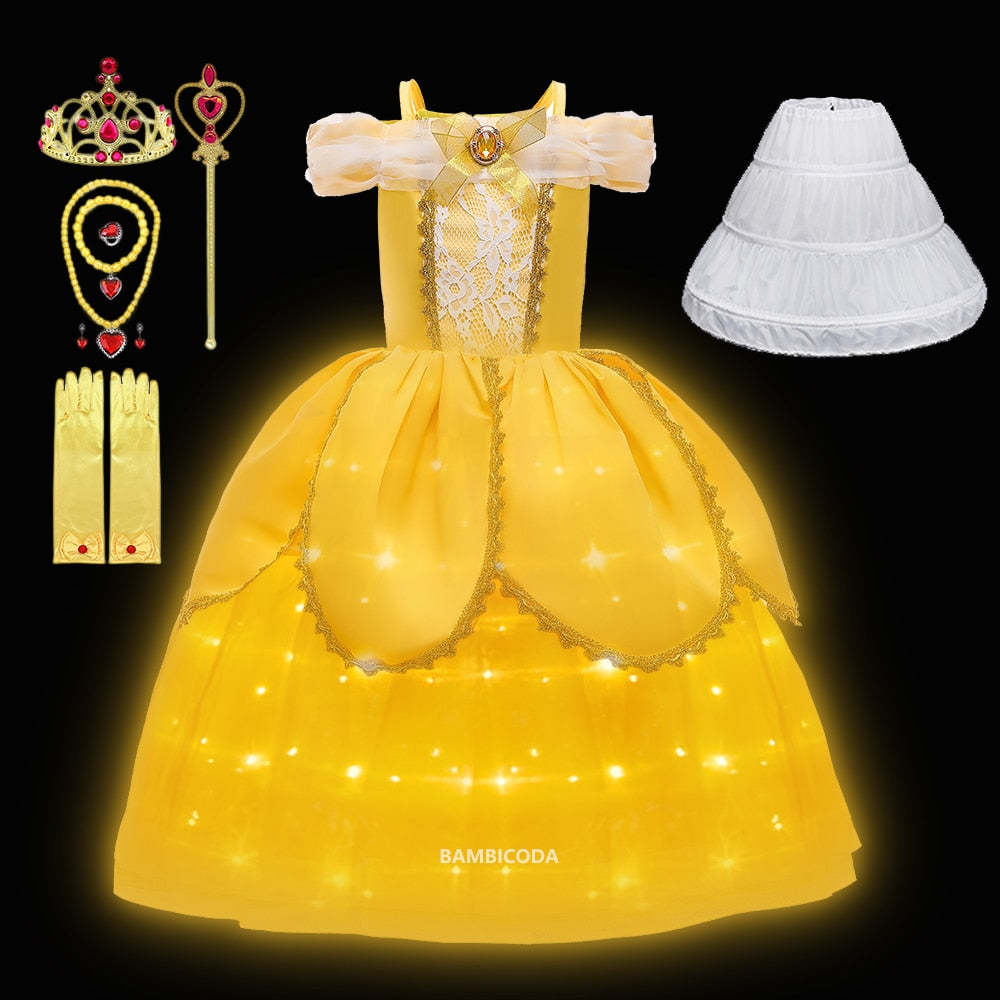 Girl Belle Dress Up Children Party Princess Costume LED Light Kids Beauty and The Beast Halloween Carnival Outfit - Cute As A Button Boutique