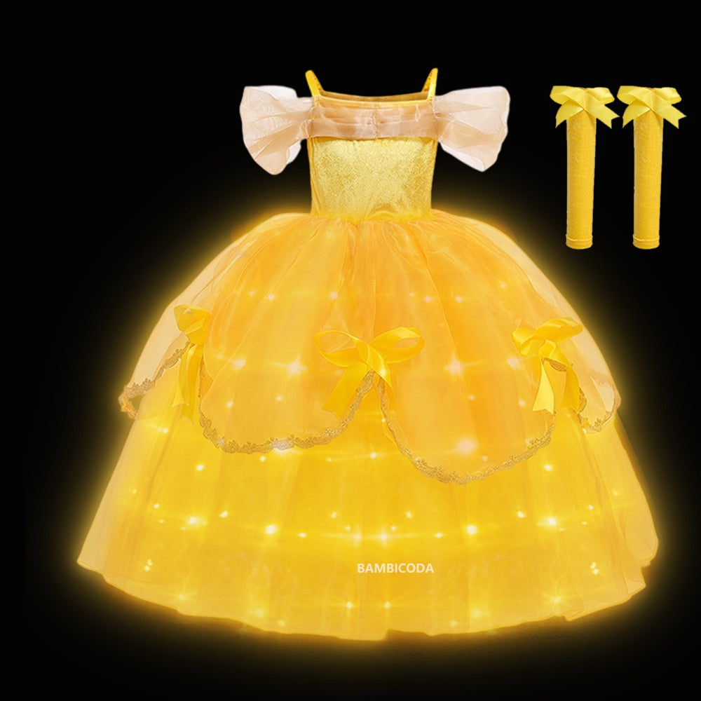 Girl Belle Dress Up Children Party Princess Costume LED Light Kids Beauty and The Beast Halloween Carnival Outfit