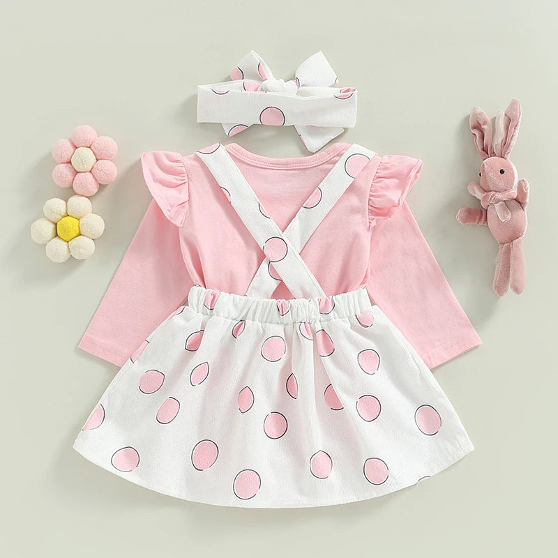 Easter Infant Baby Girls Jumpsuits Set Ruffle Long Sleeves Romper and Cartoon Bunny Suspender Skirt Headband 3pcs Outfit