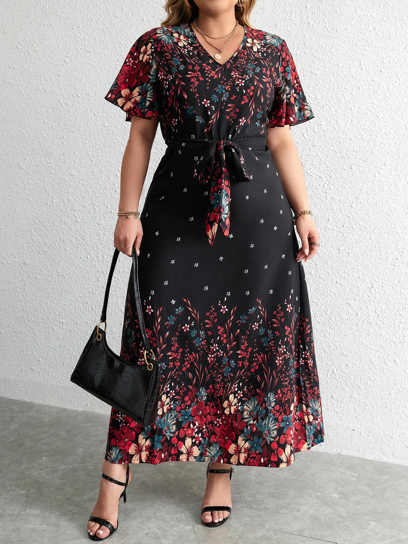 Plus Size Casual Summer Dress V Neck Short Sleeve Floral Print