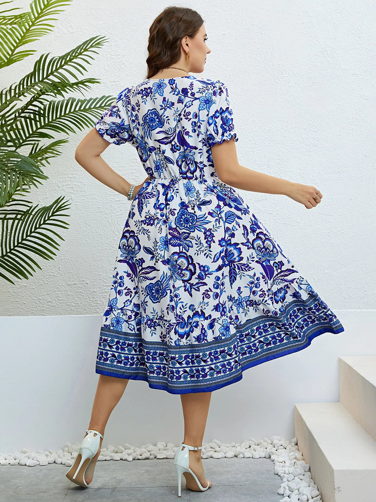 Plus Size Women Flower Print V-Neck A-Line Dresses  Casual