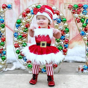 Christmas Baby Girls Romper Dress Princess Sequins White Plush Trim - Cute As A Button Boutique