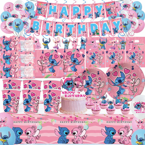 Disney Stitch Party Supplies Paper Napkins Tablecloth Plate Balloon Pink Angel Theme Girls Birthday Party Decoration - Cute As A Button Boutique