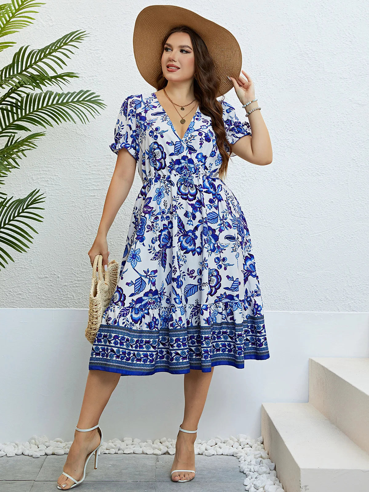 Plus Size Women Flower Print V-Neck A-Line Dresses  Casual