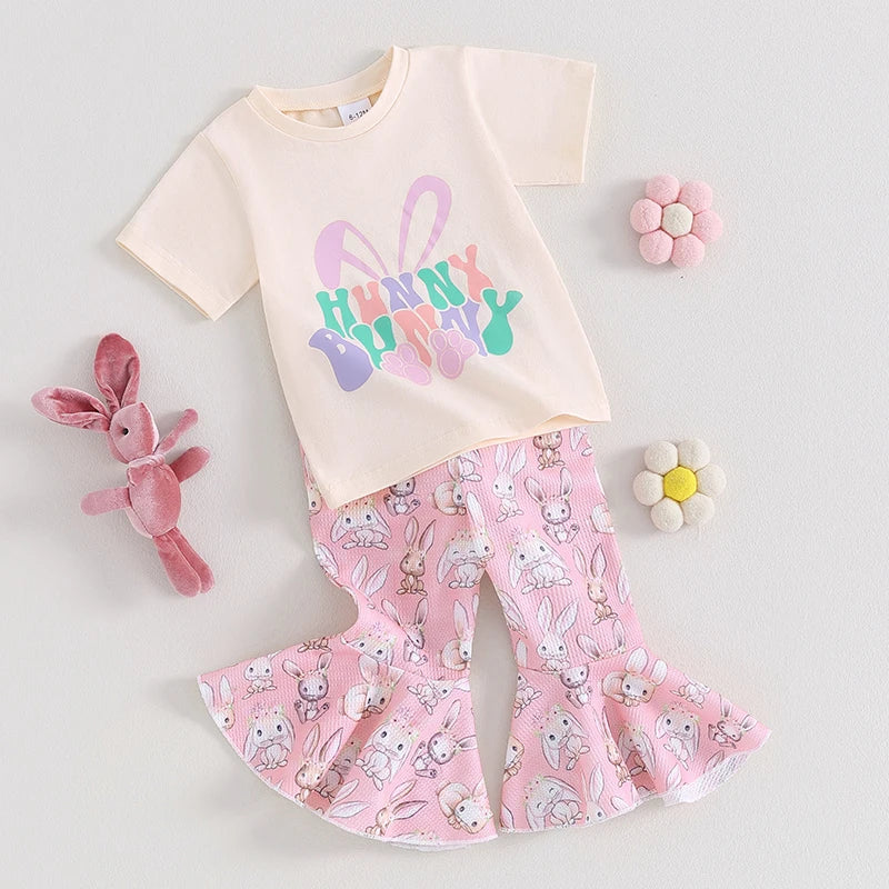 0-4Y Toddler Baby Girls Easter Clothes Sets Outfits Short Sleeve T-Shirt Bunny Flare Pants