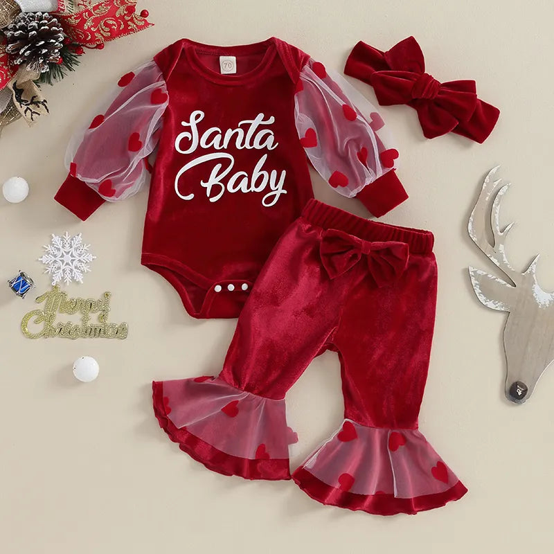 Newborn Baby Girls Christmas Outfits Red Velvet Mesh Puff Long Sleeve Letter Bodysuits+Flare Pants+Headwear Xmas Gifts - Cute As A Button Boutique