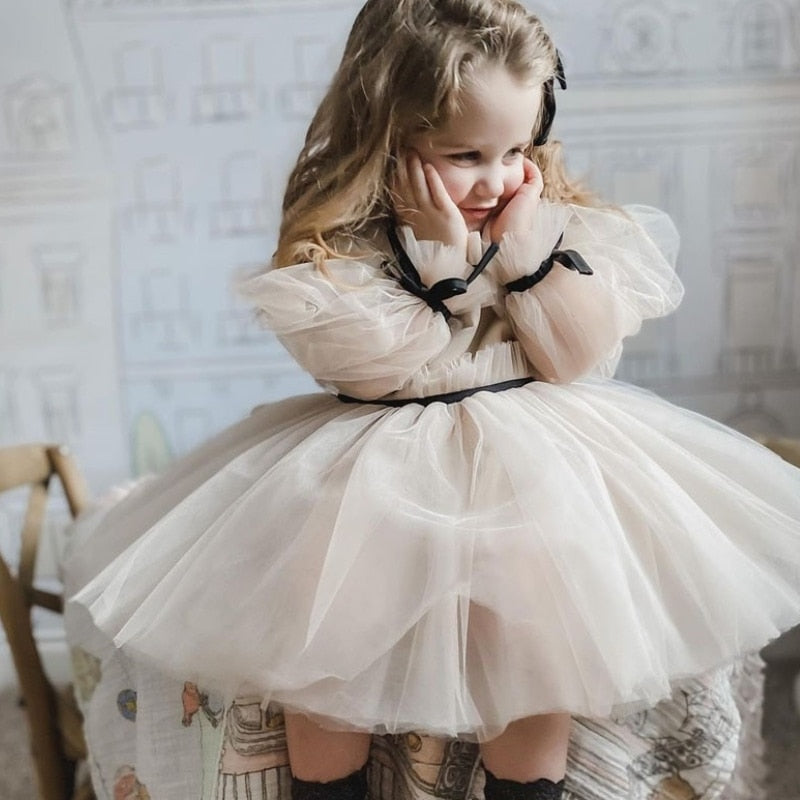 Baby Girl Princess Off Shoulder Tutu Dress Long Sleeve Child Vintage Tulle Party Wedding Birthday dress - Cute As A Button Boutique