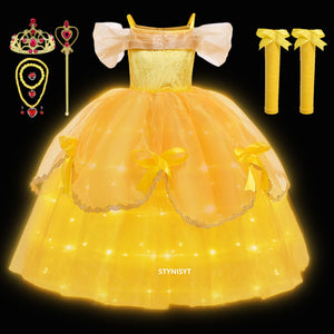 Girl Belle Dress Up Children Party Princess Costume LED Light Kids Beauty and The Beast Halloween Carnival Outfit - Cute As A Button Boutique