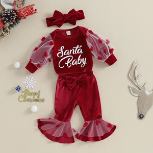 Newborn Baby Girls Christmas Outfits Red Velvet Mesh Puff Long Sleeve Letter Bodysuits+Flare Pants+Headwear Xmas Gifts - Cute As A Button Boutique