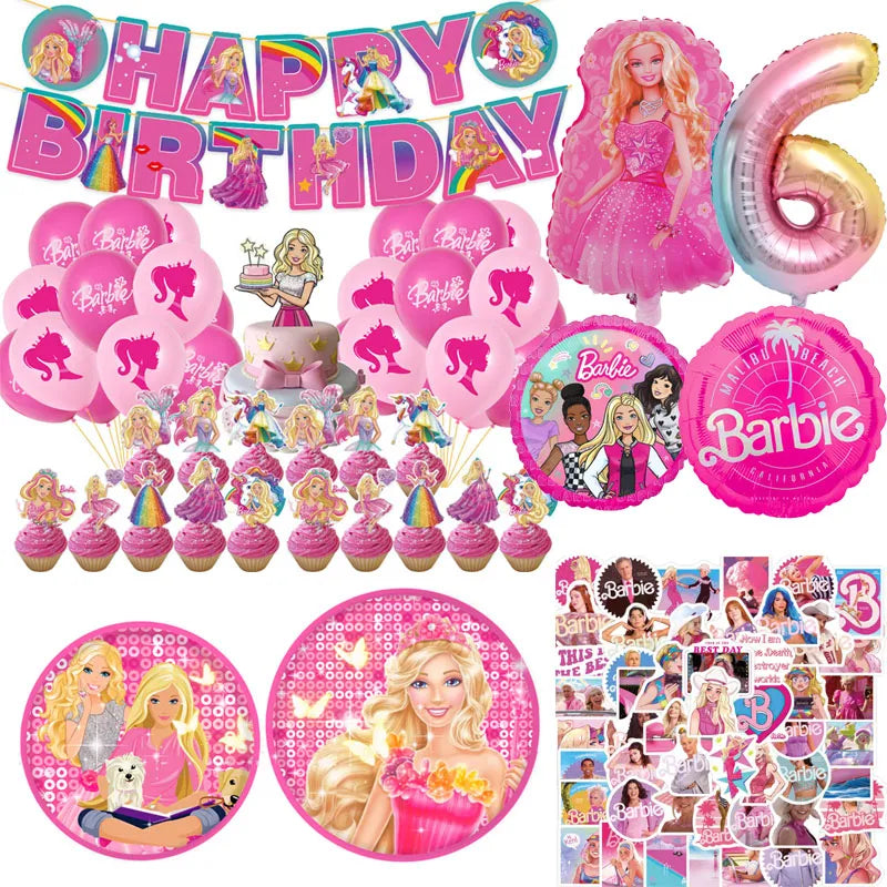 Barbie Birthday Party Supplies Pink Girl Disposable Tableware Banner Cupcake Topper Background Balloons Gift Bag - Cute As A Button Boutique