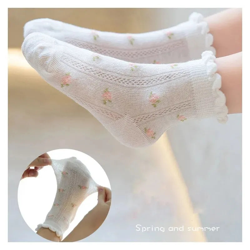 5 Pairs of Girls Socks Cotton Comfortable Hollow Lace Small Strawberry Flowers Cute Outfit Accessories For Spring and Summer