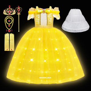 Girl Belle Dress Up Children Party Princess Costume LED Light Kids Beauty and The Beast Halloween Carnival Outfit - Cute As A Button Boutique