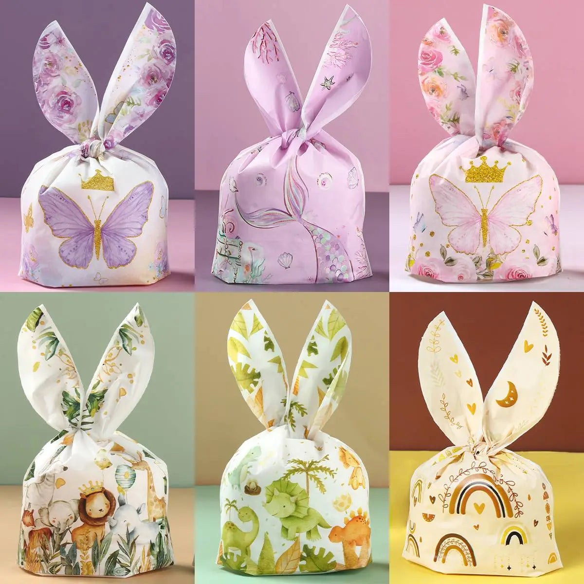 50pcs Rabbit Ear Bags Carton Plastic Cookie Candy Bags for Easter Party Baking Snack