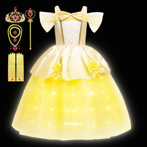 Girl Belle Dress Up Children Party Princess Costume LED Light Kids Beauty and The Beast Halloween Carnival Outfit - Cute As A Button Boutique