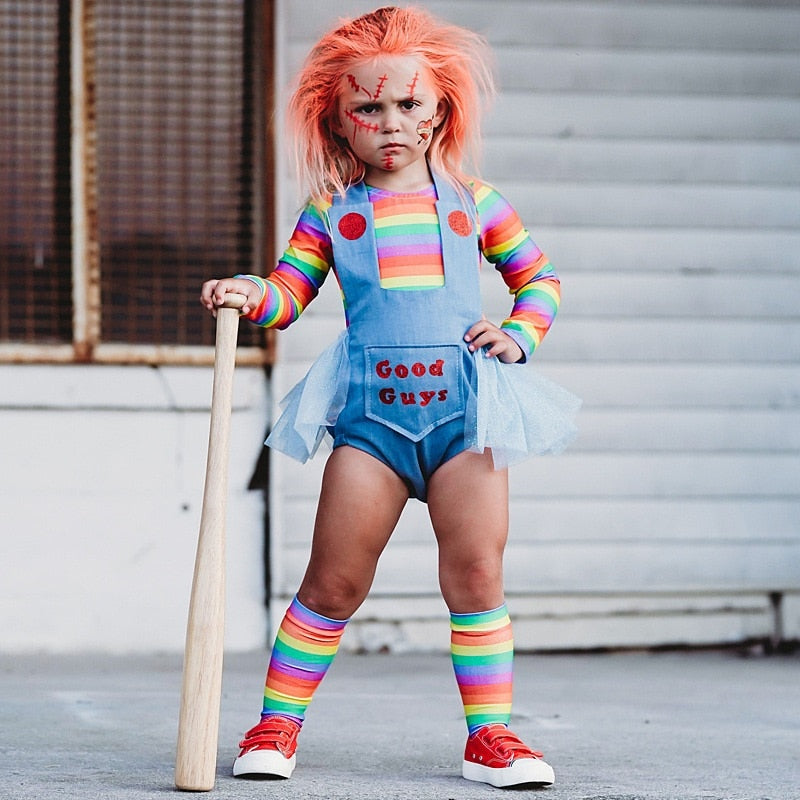 Baby Girl Halloween Clothes Set Romper+Long Sleeve Shirt 2PCS Child Chucky Doll Evil Bodysuit Costume  2-7Y - Cute As A Button Boutique