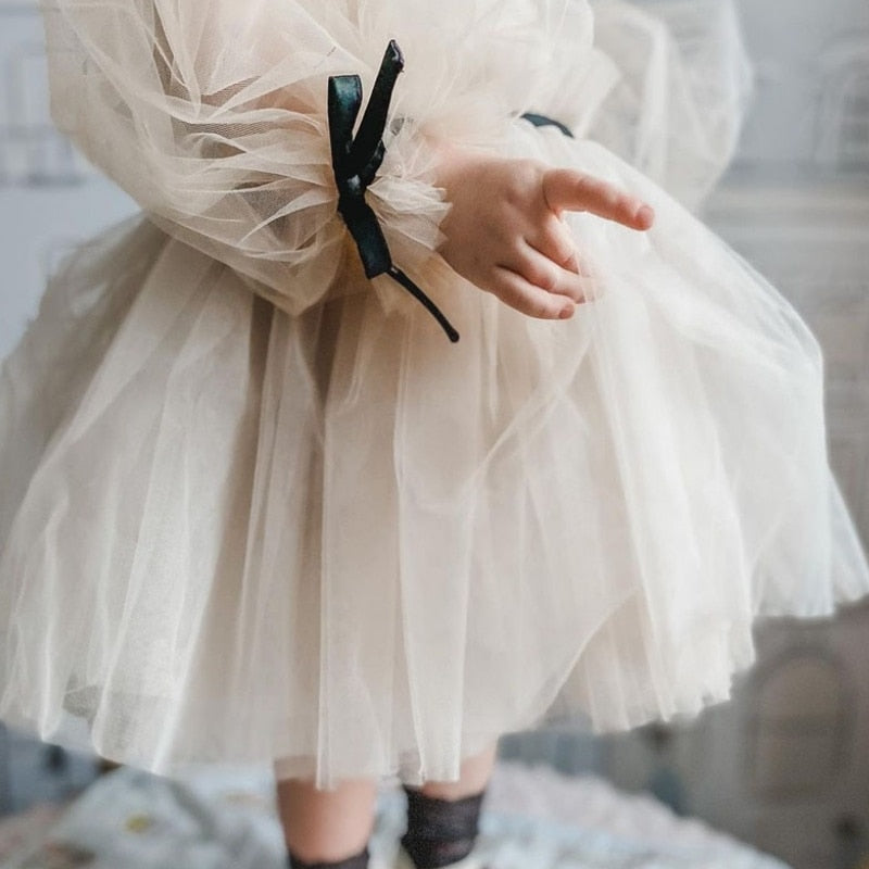 Baby Girl Princess Off Shoulder Tutu Dress Long Sleeve Child Vintage Tulle Party Wedding Birthday dress - Cute As A Button Boutique