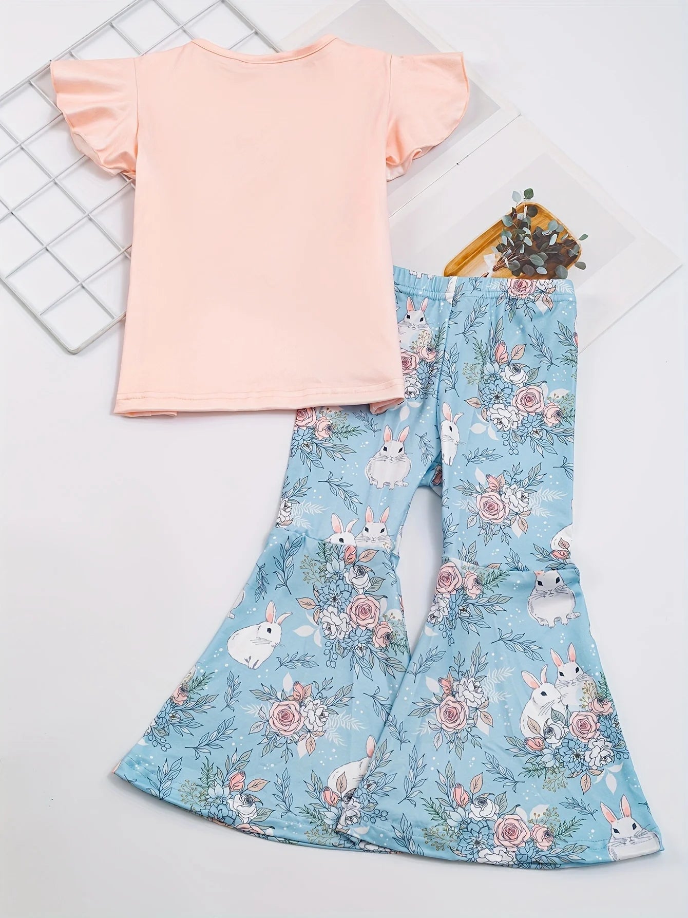 Spring/Summer Easter Girls Bunny Floral Print Short-Sleeved Top + Bell-bottom Pants Set