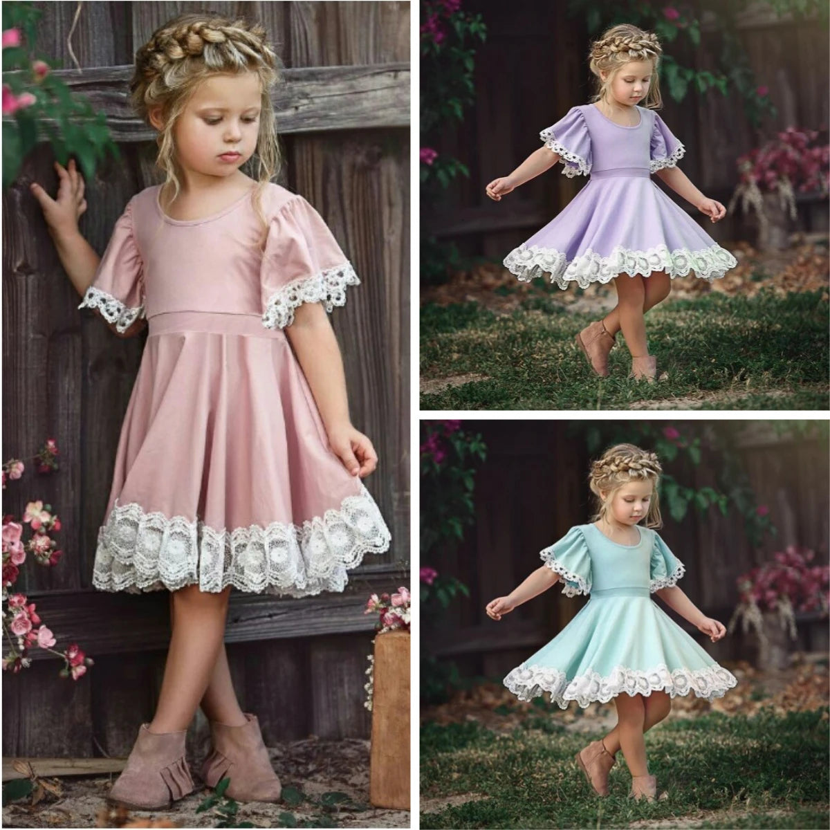 Girls Lace Dress Summer Short Sleeve Flower Princess Dress