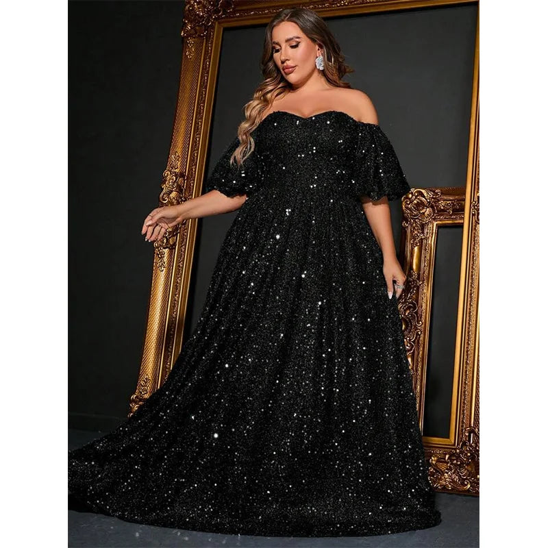 Plus Size Off-Shoulder Short-Sleeved Gray Silver Sequined Shiny Long Loose Evening Dress