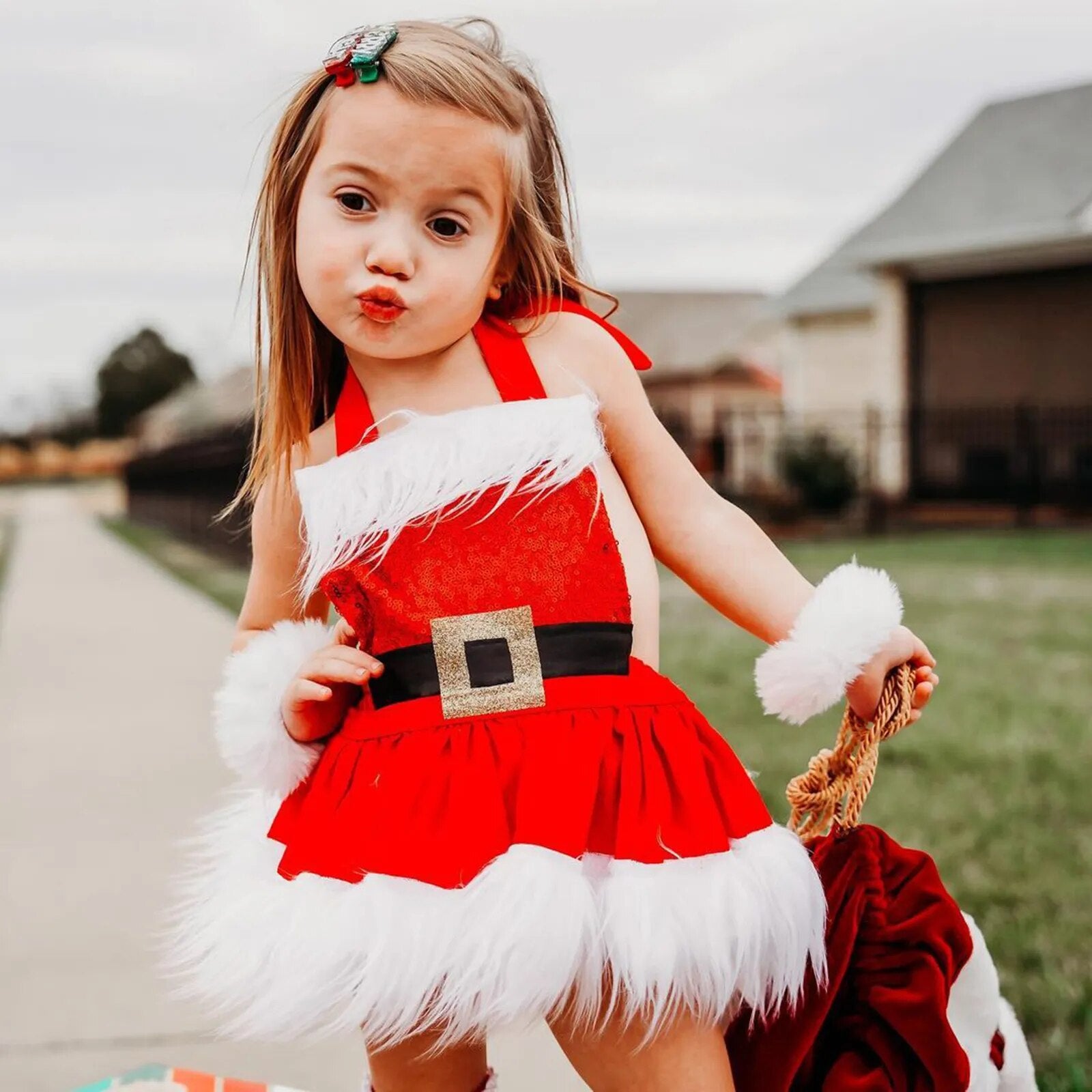 Christmas Baby Girls Romper Dress Princess Sequins White Plush Trim - Cute As A Button Boutique