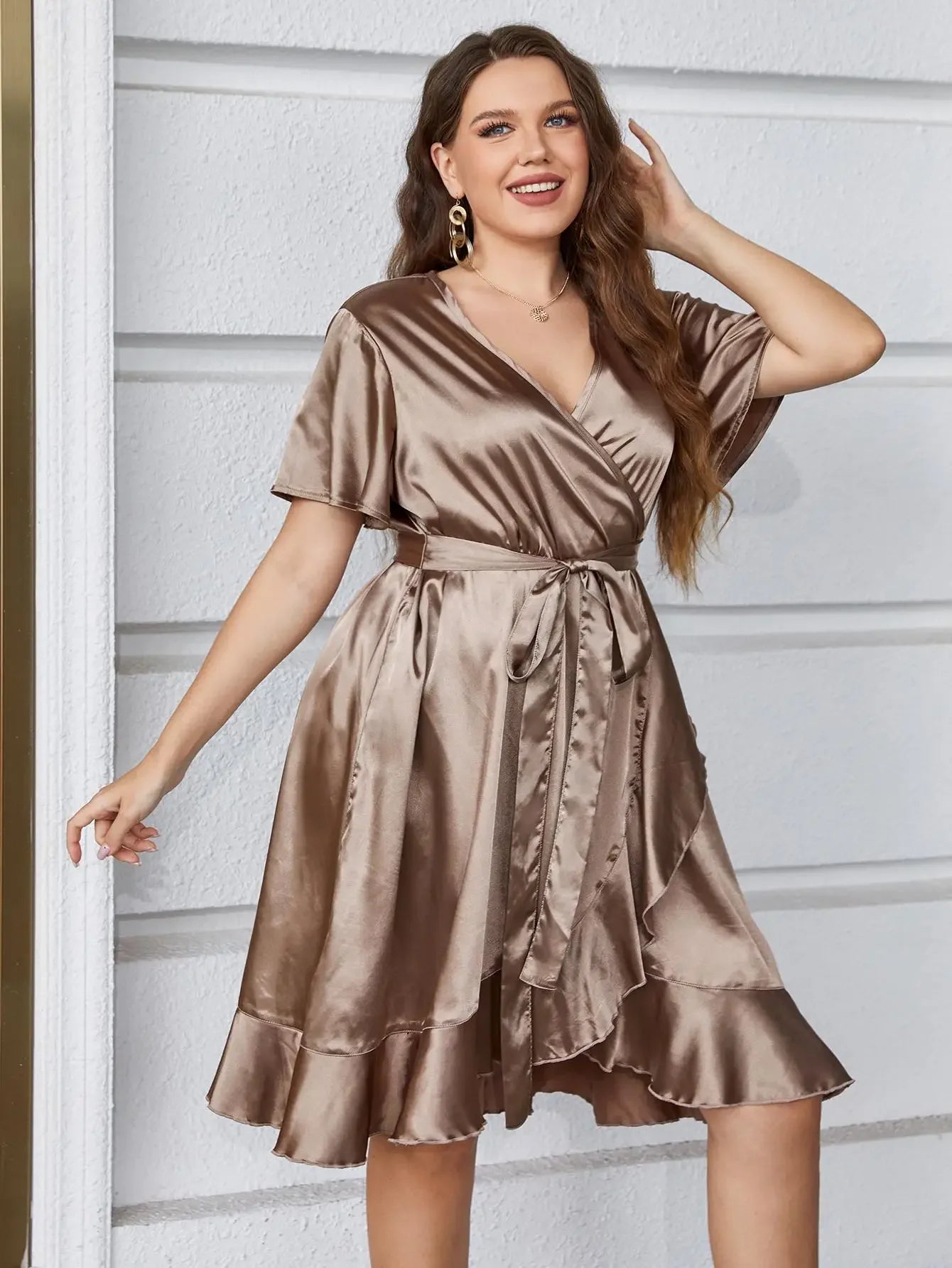 Plus Size Women's Satin Silky V Necked Collar Dress Wraped Waist Tie