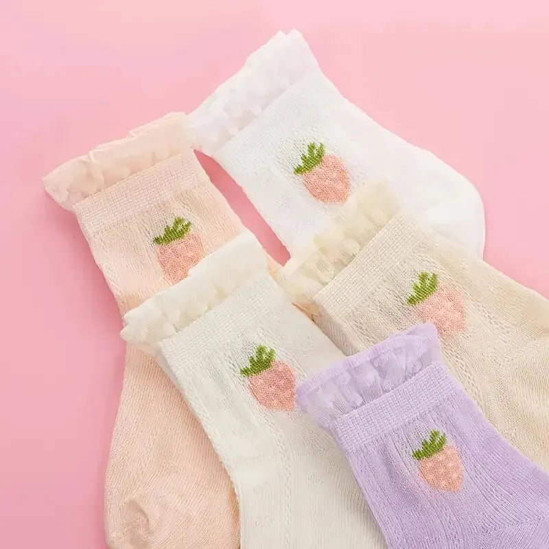 5 Pairs of Girls Socks Cotton Comfortable Hollow Lace Small Strawberry Flowers Cute Outfit Accessories For Spring and Summer