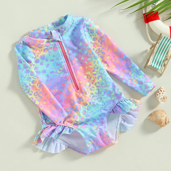 Kids Baby Girl Swimsuits Fish Scale Print Ruffles Long Sleeve Jumpsuit