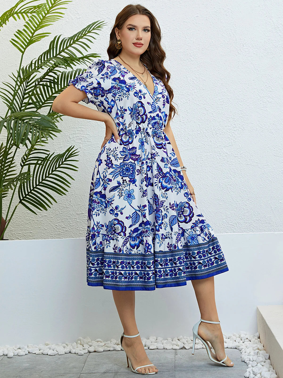 Plus Size Women Flower Print V-Neck A-Line Dresses  Casual