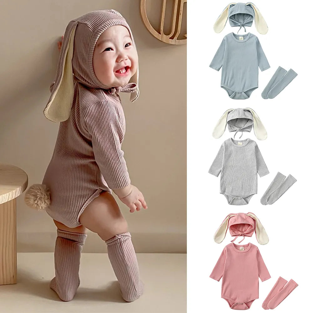 Baby Rabbit Easter Romper Ear Hat Bodysuit Socks Solid Cotton