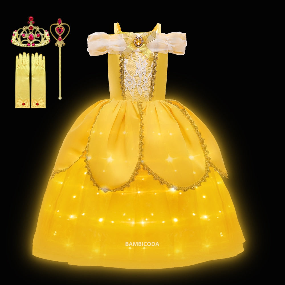 Girl Belle Dress Up Children Party Princess Costume LED Light Kids Beauty and The Beast Halloween Carnival Outfit - Cute As A Button Boutique