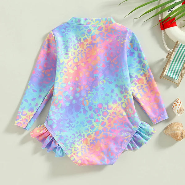 Kids Baby Girl Swimsuits Fish Scale Print Ruffles Long Sleeve Jumpsuit