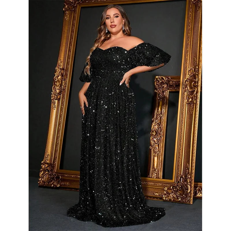 Plus Size Off-Shoulder Short-Sleeved Gray Silver Sequined Shiny Long Loose Evening Dress