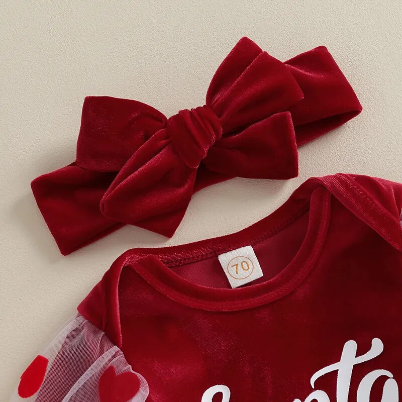 Newborn Baby Girls Christmas Outfits Red Velvet Mesh Puff Long Sleeve Letter Bodysuits+Flare Pants+Headwear Xmas Gifts - Cute As A Button Boutique