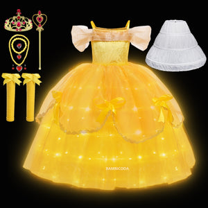 Girl Belle Dress Up Children Party Princess Costume LED Light Kids Beauty and The Beast Halloween Carnival Outfit - Cute As A Button Boutique