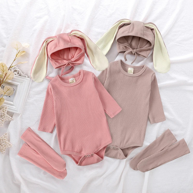 Baby Rabbit Easter Romper Ear Hat Bodysuit Socks Solid Cotton