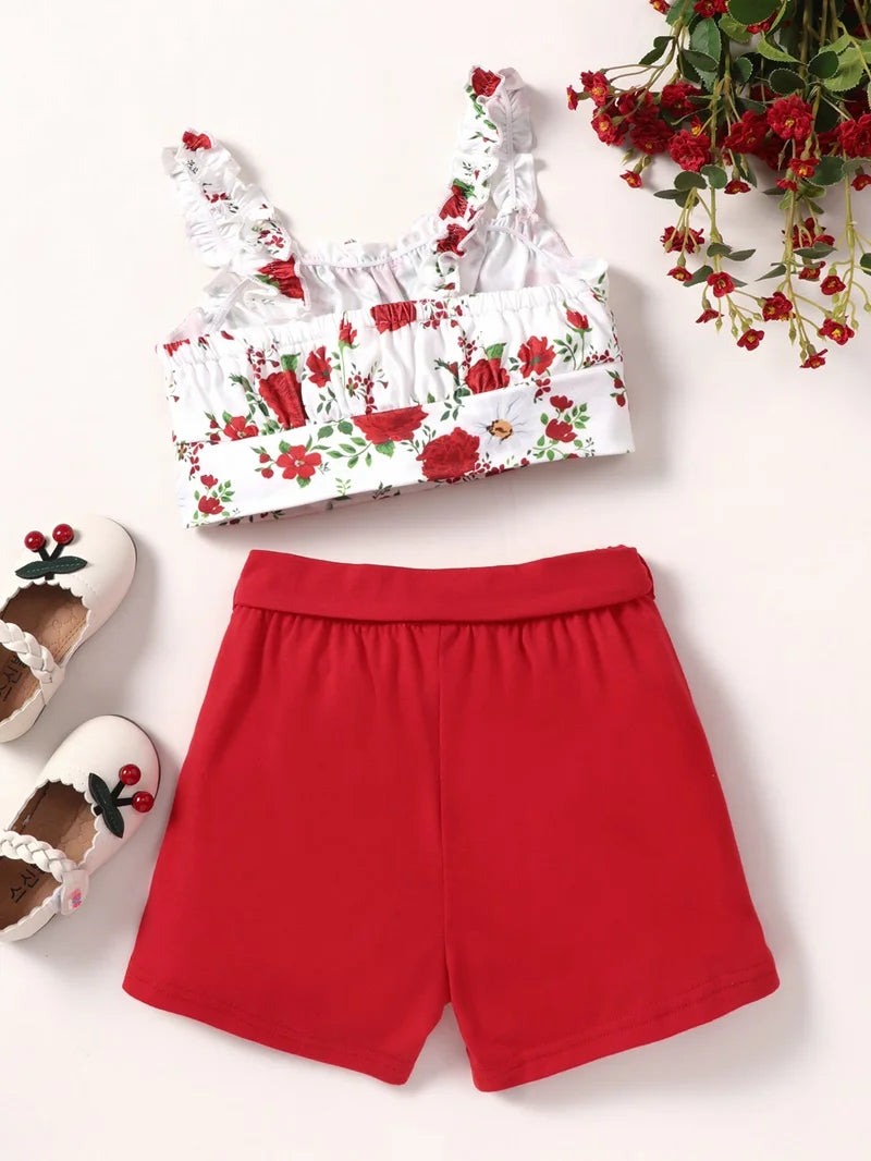 Baby Girl Summer Clothes Sets Flower Print Strap Tops+short Pants 2 Pcs Set