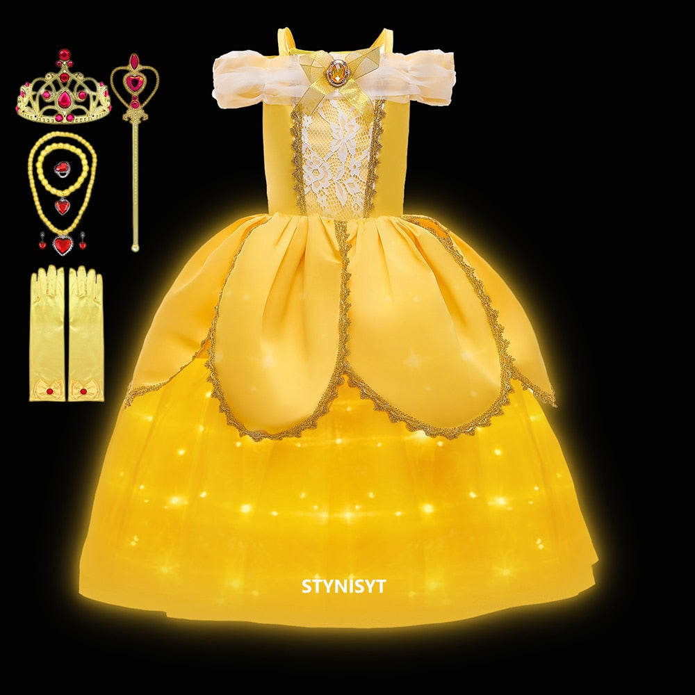 Girl Belle Dress Up Children Party Princess Costume LED Light Kids Beauty and The Beast Halloween Carnival Outfit - Cute As A Button Boutique