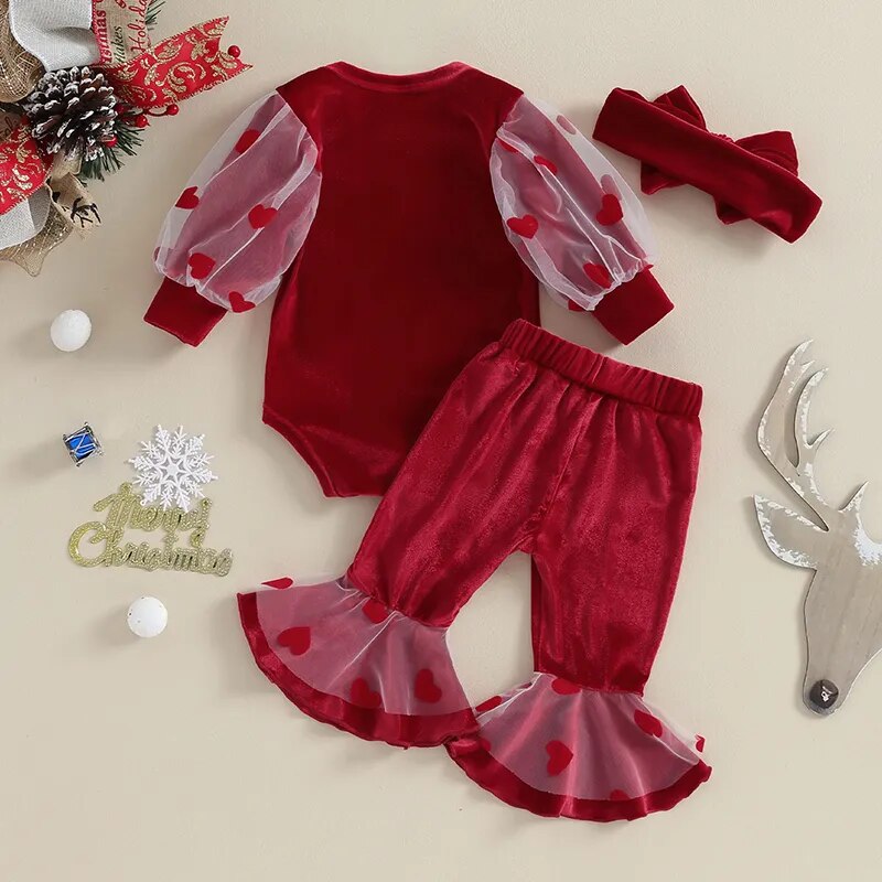 Newborn Baby Girls Christmas Outfits Red Velvet Mesh Puff Long Sleeve Letter Bodysuits+Flare Pants+Headwear Xmas Gifts - Cute As A Button Boutique