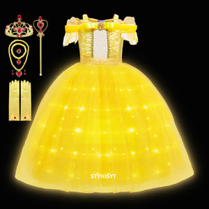 Girl Belle Dress Up Children Party Princess Costume LED Light Kids Beauty and The Beast Halloween Carnival Outfit - Cute As A Button Boutique