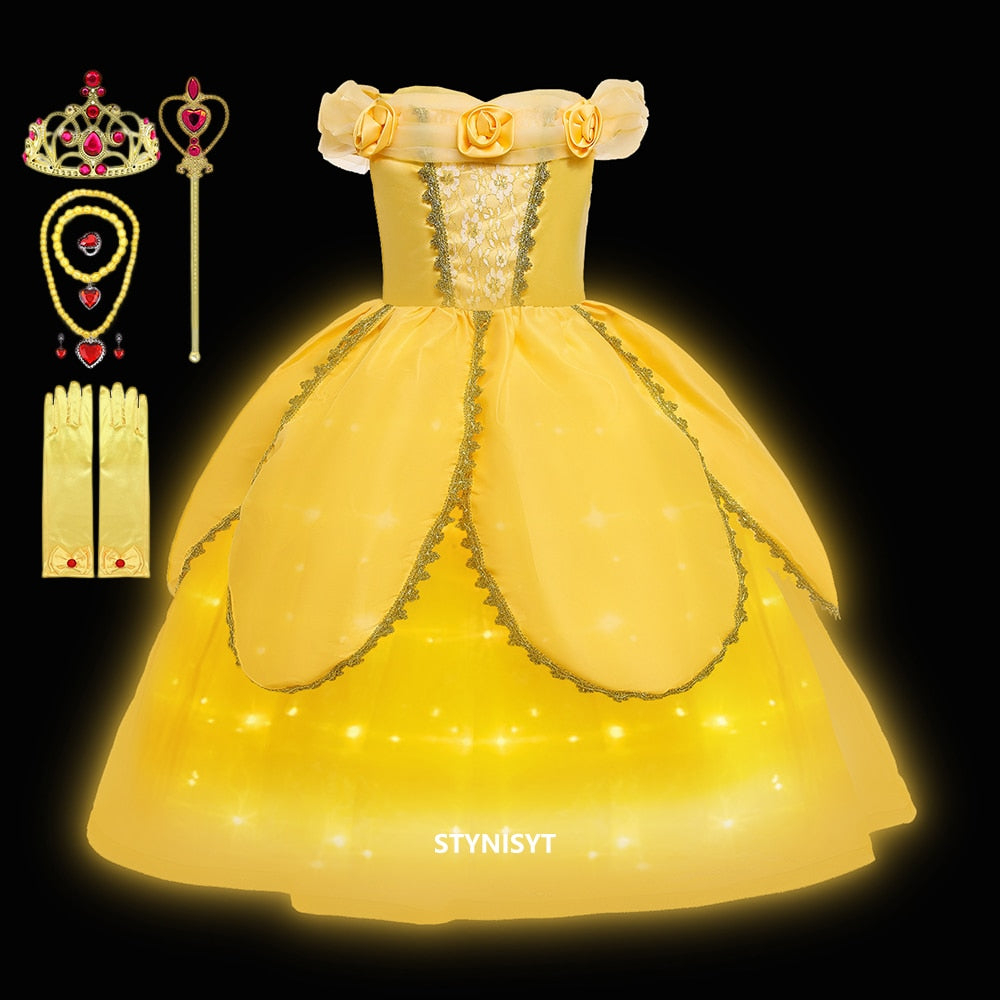 Girl Belle Dress Up Children Party Princess Costume LED Light Kids Beauty and The Beast Halloween Carnival Outfit - Cute As A Button Boutique